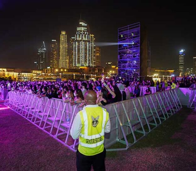 security controlling crowd at Burj park event